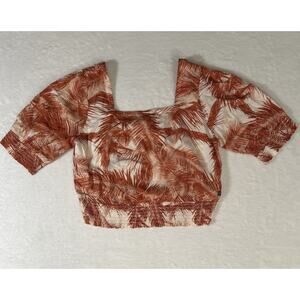 Roxy Cropped Puff Sleeve Tropical Shirt Size L Beachy Coastal Summer Hawaiian